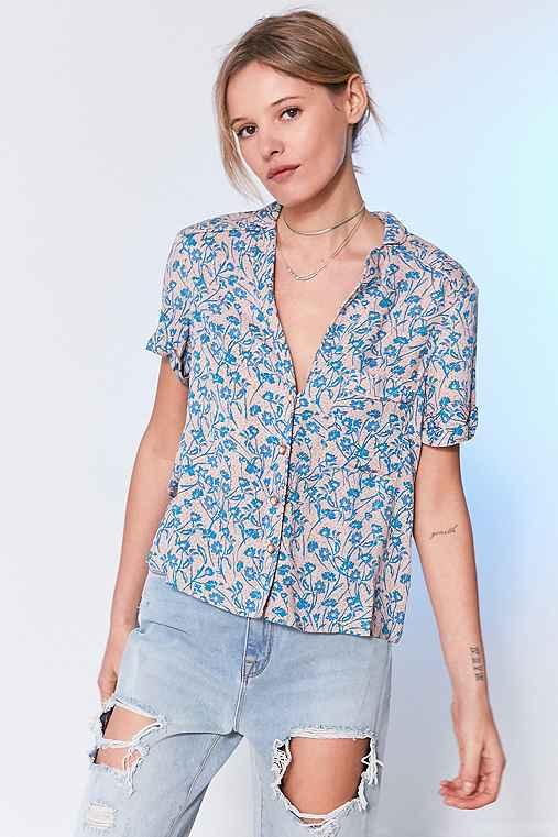 Urban Outfitters Cooperative Florence Short-sleeve Button-down Blouse,blue Multi,l