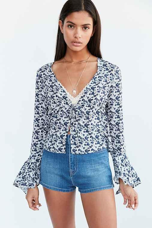 Urban Outfitters Kimchi Blue Eleanor Button-down Bell-sleeve Blouse,blue Multi,m