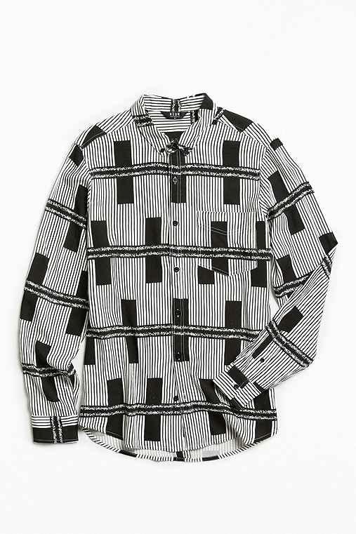 Urban Outfitters Neuw Black Lines Rayon Button-down Shirt,black,s