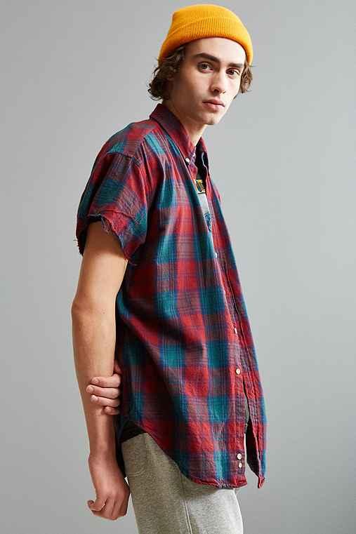 Urban Outfitters Vintage Cap Sleeve Flannel Button-down Shirt,red,s/m