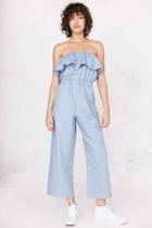 Urban Outfitters Lucca Couture Strapless Chambray Jumpsuit,light Blue,m