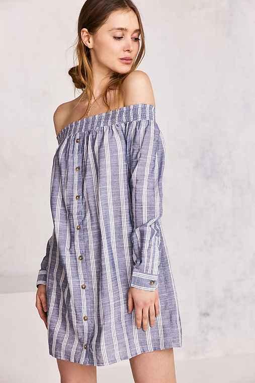 Urban Outfitters Cooperative Striped Off-the-shoulder Button-down Mini Dress,blue Multi,l