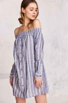 Urban Outfitters Cooperative Striped Off-the-shoulder Button-down Mini Dress,blue Multi,l