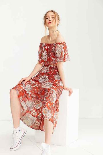 Urban Outfitters Bog Collective Ruffle Maxi Skirt,red Multi,s
