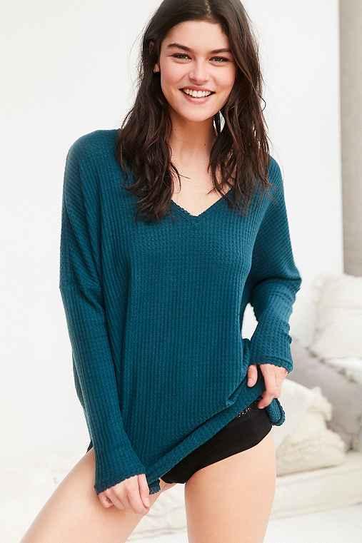 Urban Outfitters Out From Under Oversized Cozy Thermal V-neck Top,teal,l