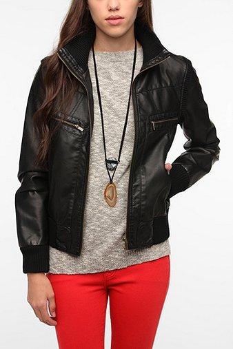 Bdg Faux Leather Ribbed Collar Bomber Jacket