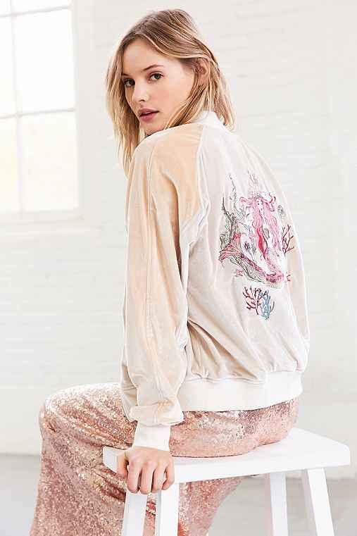 Urban Outfitters Silence + Noise On Tour Velvet Varsity Bomber Jacket,ivory,l