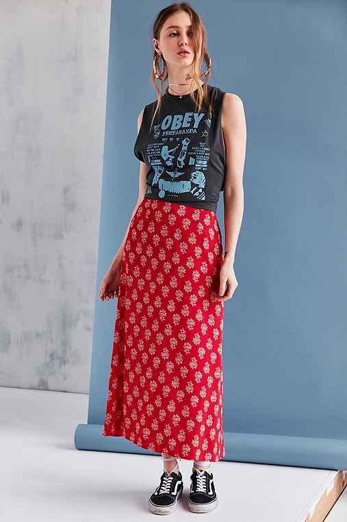 Urban Outfitters Bog Collective Printed Flute Hem Midi Skirt,red Multi,s