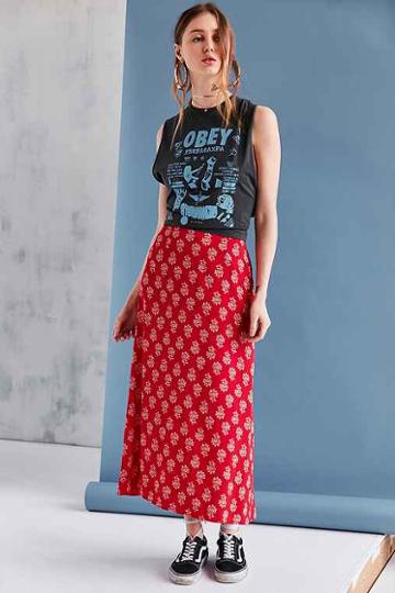 Urban Outfitters Bog Collective Printed Flute Hem Midi Skirt,red Multi,s