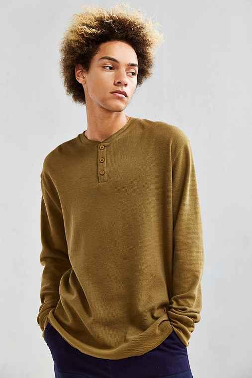 Urban Outfitters Uo Nelson Waffle Thermal Henley Long Sleeve Tee,olive,s