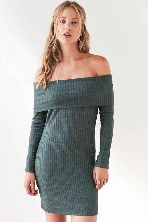 Urban Outfitters Silence + Noise Lauralie Off-the-shoulder Ribbed Mini Dress,dark Green,l