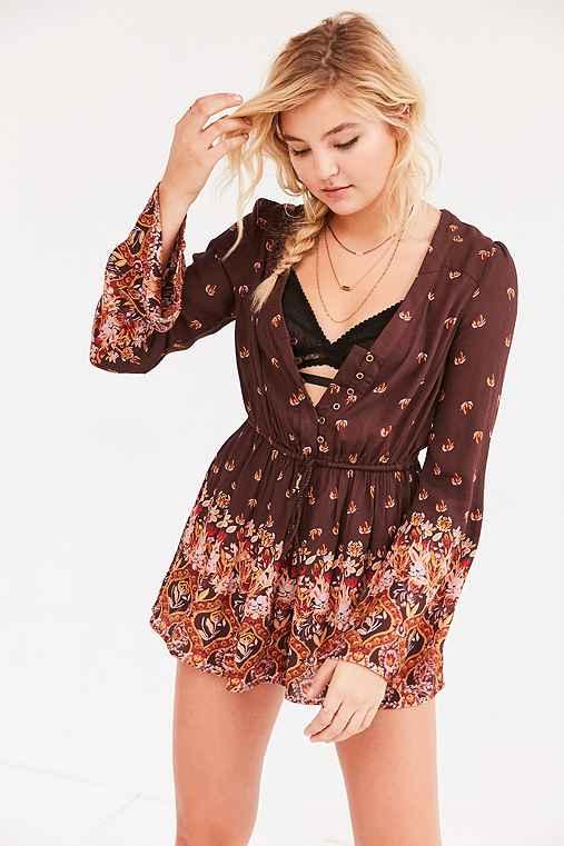 Urban Outfitters Ecote Helena Button-down Romper,brown Multi,l