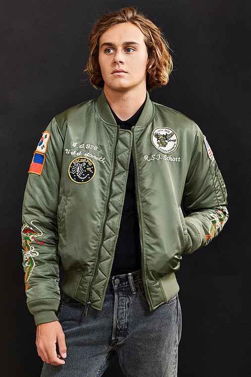 Urban Outfitters Schott Nylon Flight Satin Souvenir Jacket,olive,s