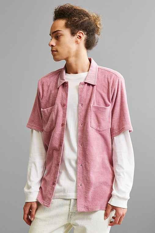 Urban Outfitters Stussy Reverse Terry Short Sleeve Button-down Shirt,mauve,l