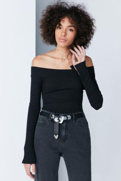 Silence + Noise Rib Knit Off-the-shoulder Top
