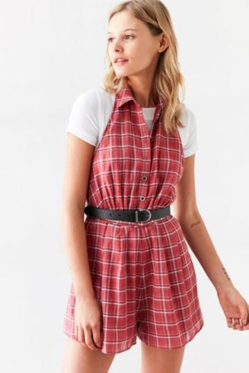 Cooperative Plaid Collared Halter Romper