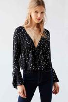Urban Outfitters Kimchi Blue Eleanor Button-down Bell-sleeve Blouse,black Multi,xs