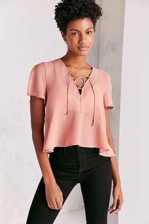Urban Outfitters Kimchi Blue Lucy Lace-up Babydoll Blouse,peach,l