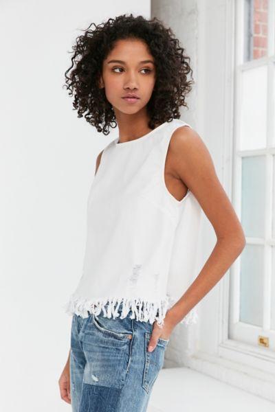 Silence + Noise Distressed Denim Fringe Tank Top