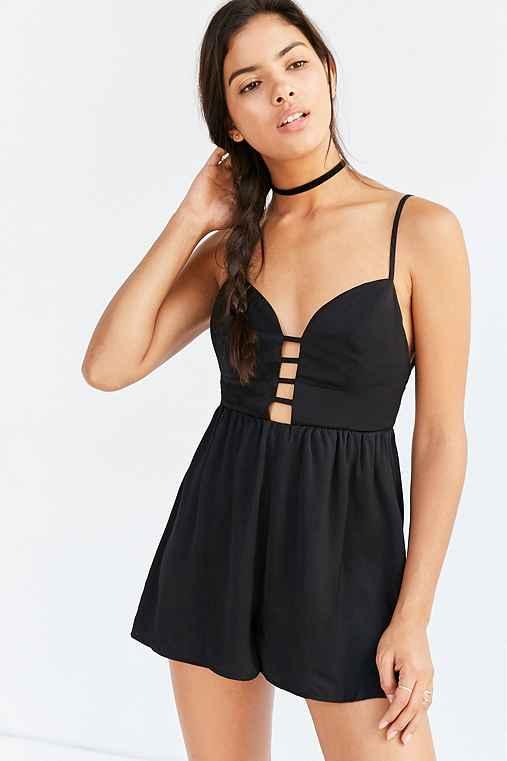 Urban Outfitters Silence + Noise Margot Satin Ladder Romper,black,2