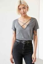 Urban Outfitters Project Social T Karlie Cross-front Deep-v Tee,grey,l