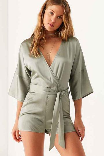 Urban Outfitters Six Crisp Days Satin Surplice Romper,green,l