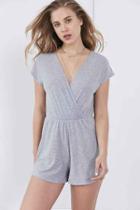 Urban Outfitters Ecote Ribbed Knit Surplice Romper,light Grey,l