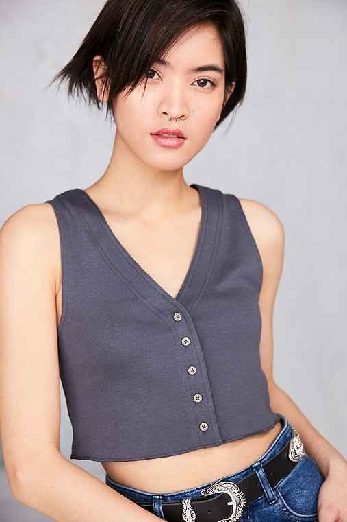 Urban Outfitters Kimchi Blue Anna Button-down Crop Tank Top,dark Grey,m