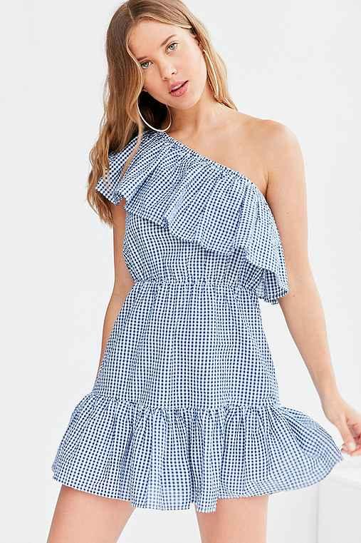 Urban Outfitters Minkpink Wanderer One-shoulder Ruffle Dress,blue Multi,s