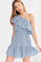 Urban Outfitters Minkpink Wanderer One-shoulder Ruffle Dress,blue Multi,s