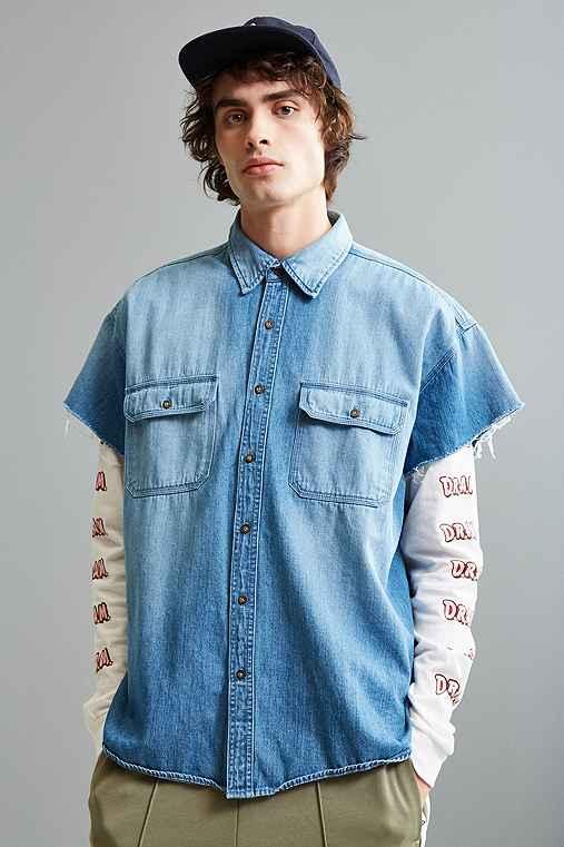 Urban Outfitters Vintage Denim Cap Sleeve Button-down Shirt,light Blue,s/m