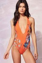 Urban Outfitters Out From Under Plunging V Printed One-piece Swimsuit,orange Multi,s