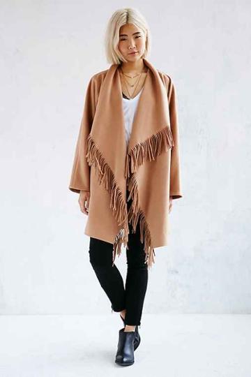 Urban Outfitters J.o.a. Cascade Fringe Coat,light Brown,xs