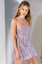 Urban Outfitters Kimchi Blue Victoria Sweetheart Shimmer Lace Romper,lavender,8