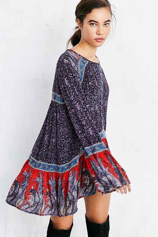 Urban Outfitters Ecote Namirah Patterned Bell-sleeve Tunic Top,black Multi,s