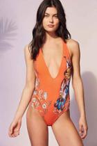 Urban Outfitters Out From Under Plunging V Printed One-piece Swimsuit,orange Multi,m