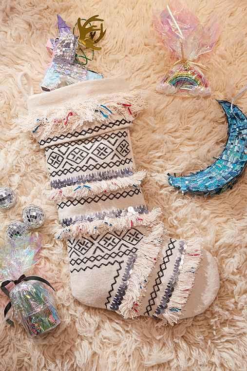 Urban Outfitters Fringed Holiday Stocking,cream,one Size
