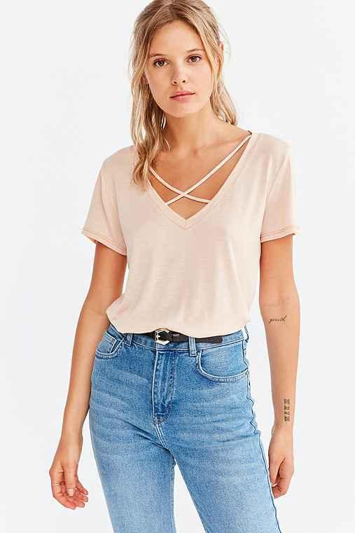 Urban Outfitters Project Social T Karlie Cross-front Deep-v Tee,peach,s