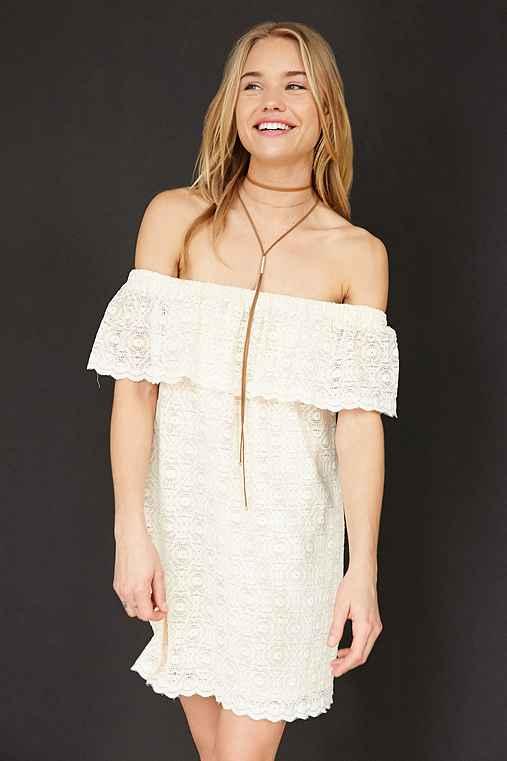 Urban Outfitters Kimchi Blue Lace Ruffle Off-the-shoulder Mini Dress,beige,xs