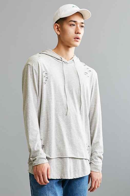 Urban Outfitters Feathers Destructed Double Layer Hooded Long Sleeve Tee,grey,xl