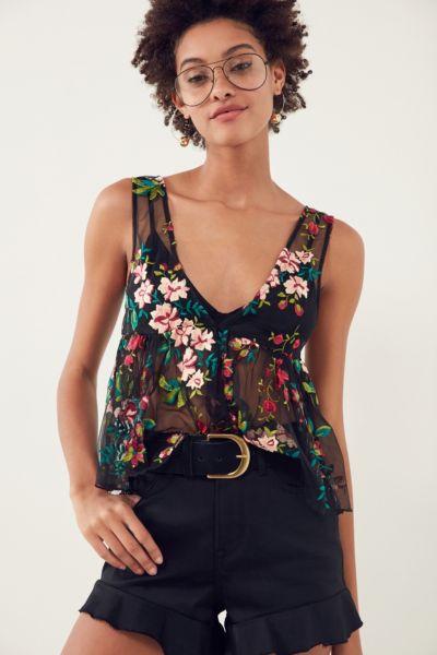 Ecote Veita Embroidered Floral Mesh Peplum Tank Top