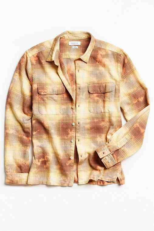 Urban Outfitters Uo Cole Bleached Shadow Plaid Flannel Button-down Shirt,yellow,xs