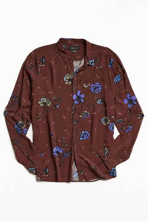 Urban Outfitters Uo Owen Rose Print Rayon Button-down Shirt,rose,l