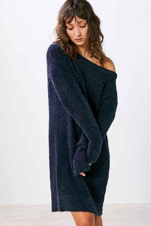 Urban Outfitters Silence + Noise Fuzzy Off-the-shoulder Sweater Mini Dress,navy,s