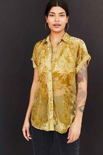 Urban Outfitters Ecote Anora Floral Burnout Velvet Button-down Shirt,green,l