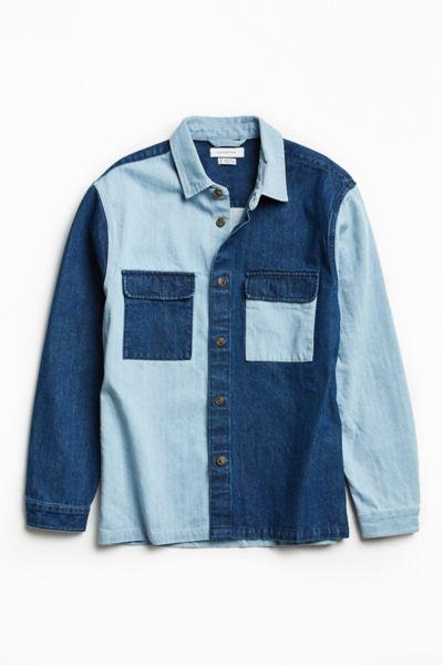 Urban Outfitters Uo Heavyweight Colorblocked Denim Button-down Shirt
