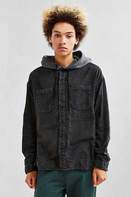 Urban Outfitters Uo Acid Wash Hooded Flannel Button-down Shirt,black,m