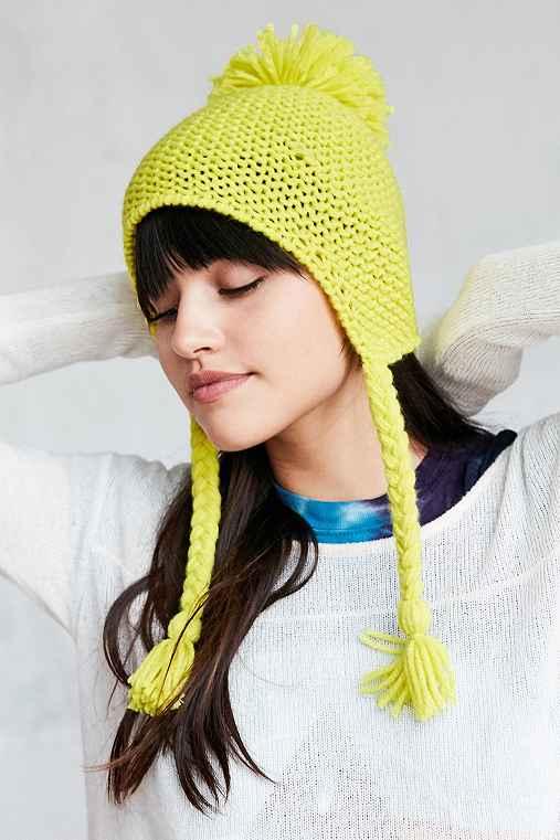 Urban Outfitters Knit Pompom Trapper Hat,green,one Size