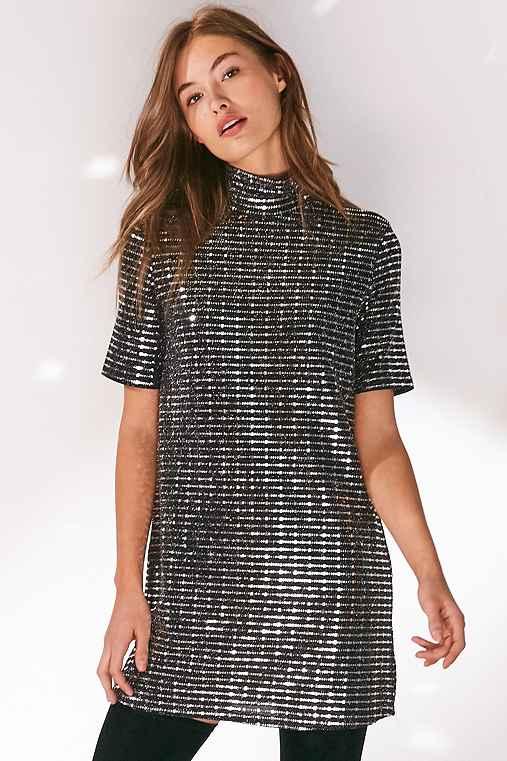 Urban Outfitters Oh My Love Sparkle Stripe Mock Neck T-shirt Dress,silver,s
