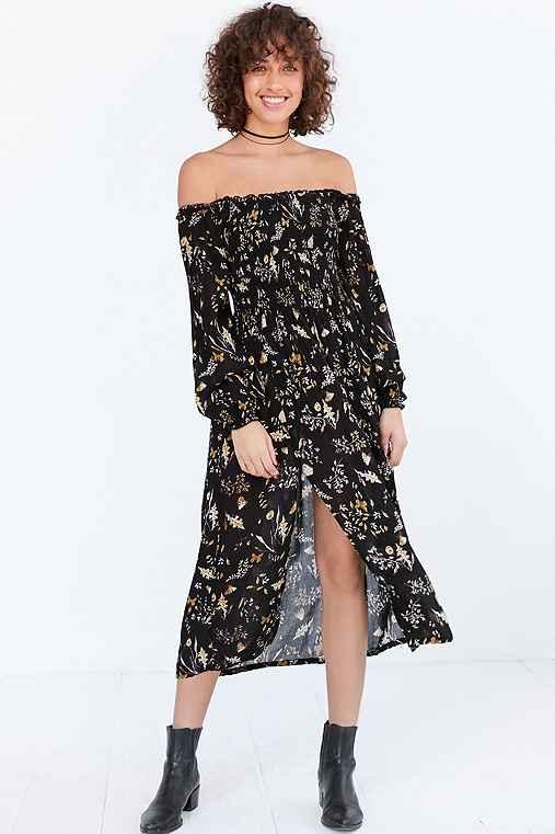 Urban Outfitters Kimchi Blue Jannie Off-the-shoulder Midi Dress,black Multi,xs